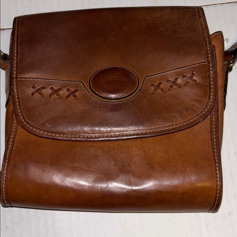 DELFINO BRAND BROWN LEATHER CROSSBODY ADJUSTABLE STRAP THICK SEASONED LEATHER